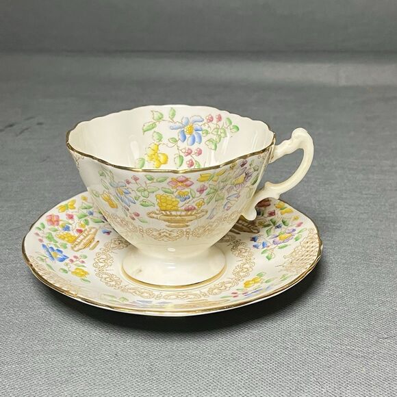 Vntg Hammersley Daffodil Pattern TeaCup Saucer Yellow Pink Blue Flower England - Picture 9 of 13